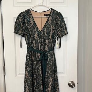 Kensie Dark Green Lace V-Neck Midi Dress with Nude Lining NWT